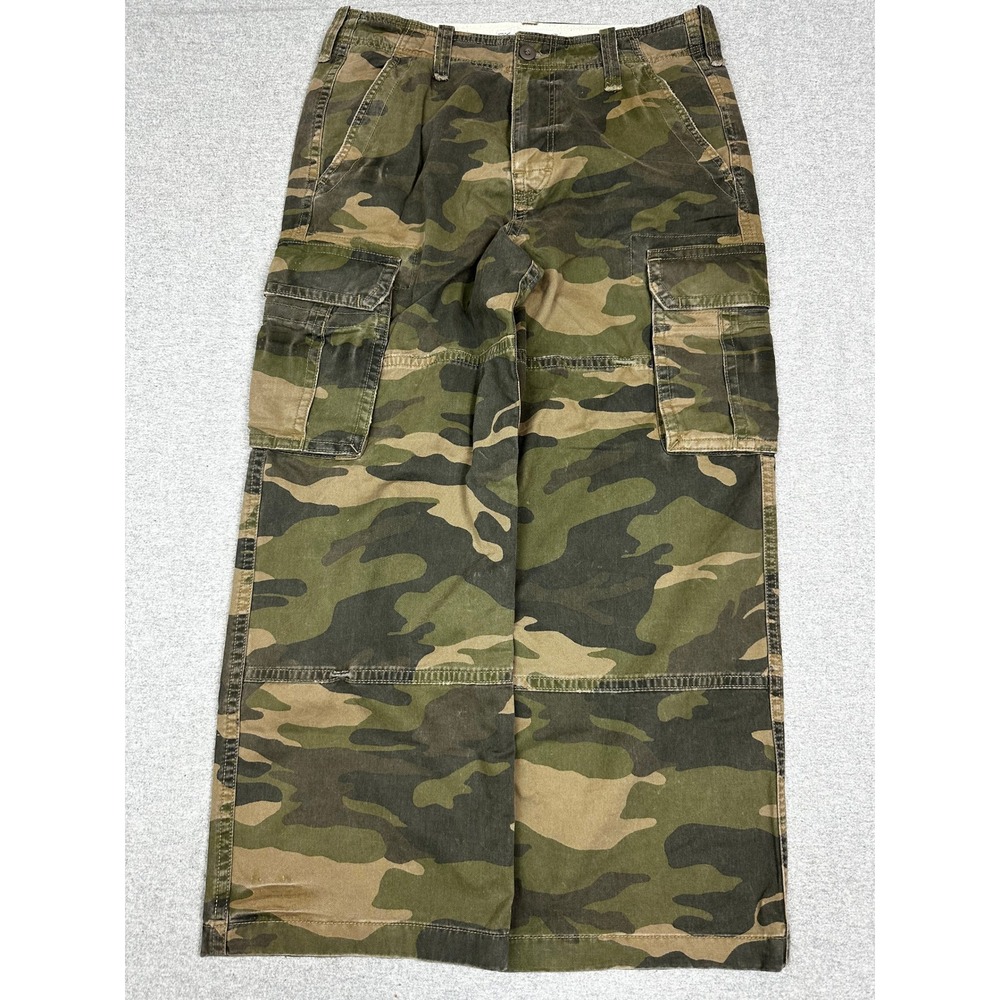Hollister Super Baggy Cargo Pants 32x30 Green Camo Wide Leg Y2K Skater Grunge
